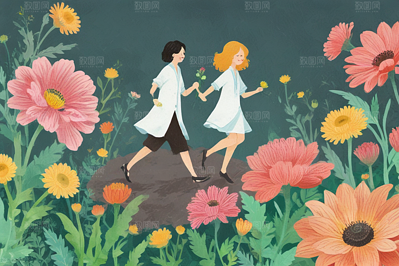 标题：花海漫步，优雅赏花人图片