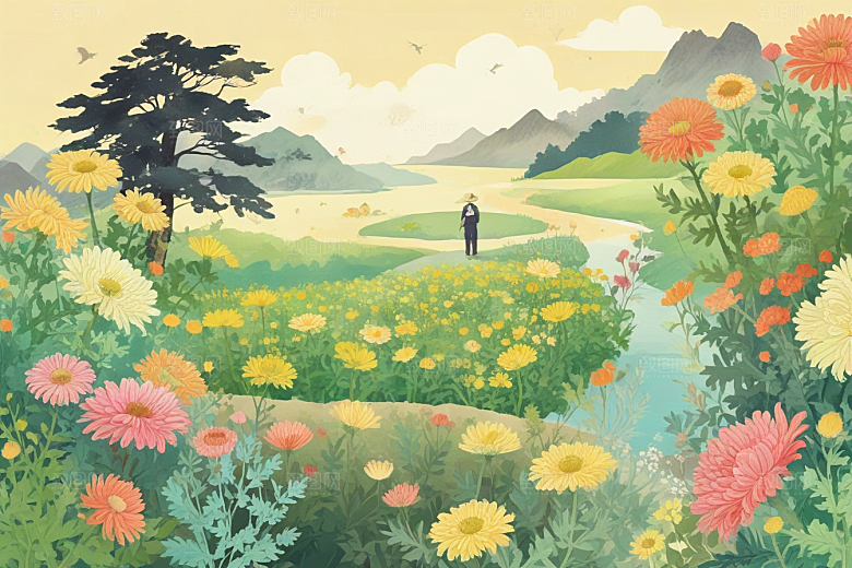 标题：花海漫步，优雅赏花人图片