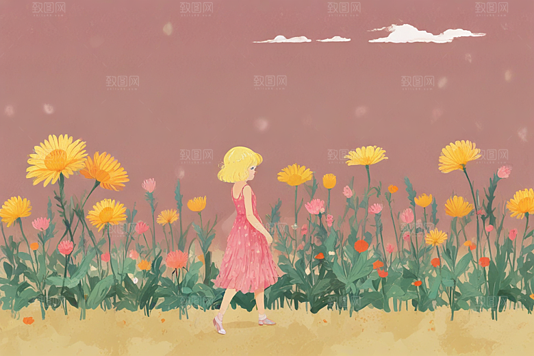 标题：花海漫步，优雅赏花人图片