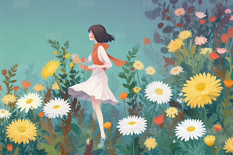 标题：花海漫步，优雅赏花人图片