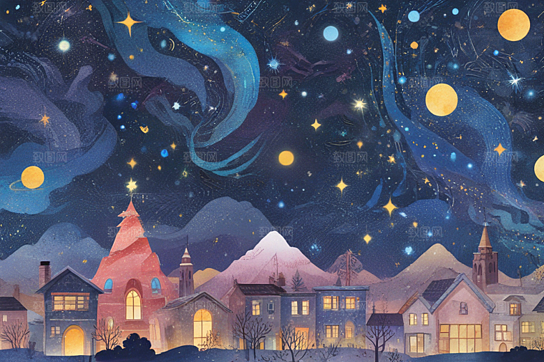 月明星稀小镇静谧图片