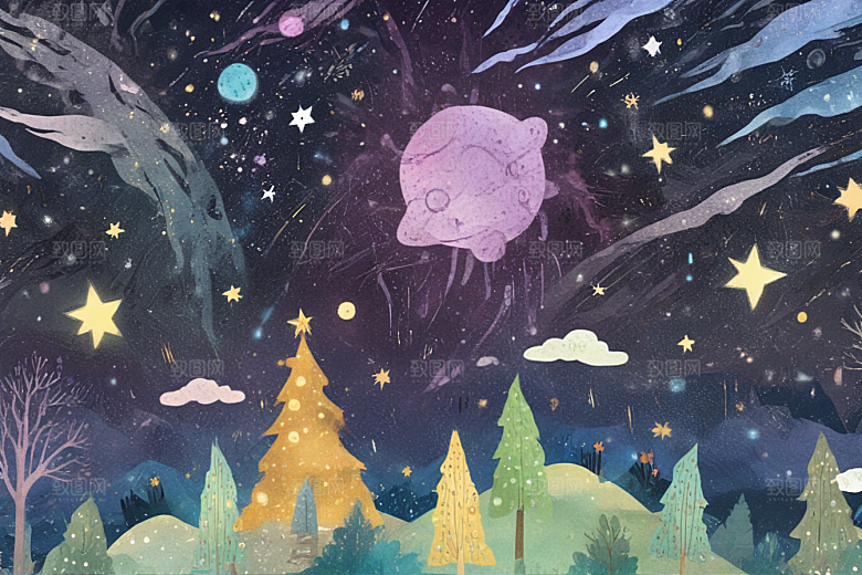 月明星稀小镇静谧图片