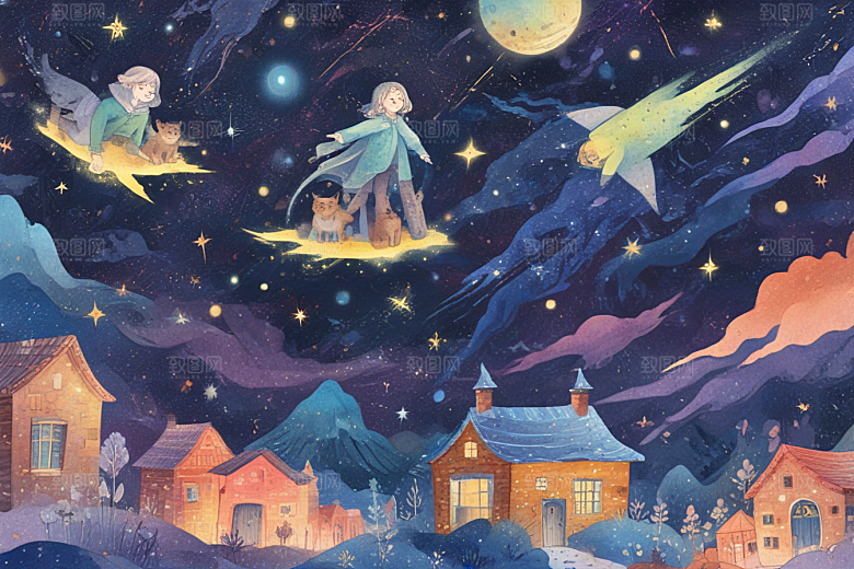 梦幻星空小镇夜色图片