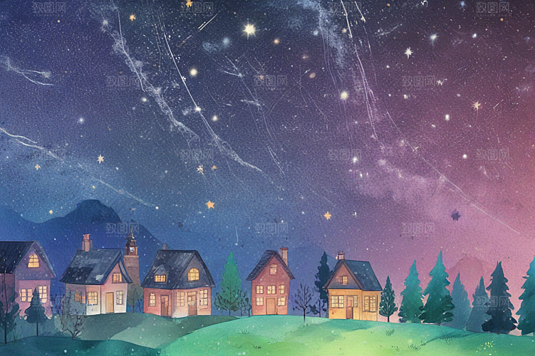 梦幻星空小镇夜色图片