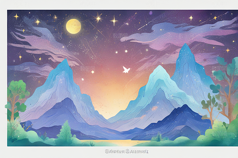 梦幻星空小镇夜色图片