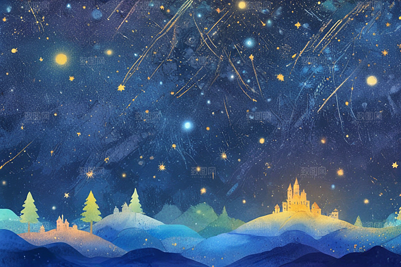梦幻星空小镇夜色图片