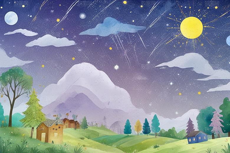 梦幻星空小镇夜色图片