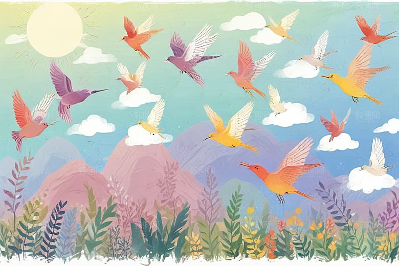 夕阳飞舞白鸟插画图片