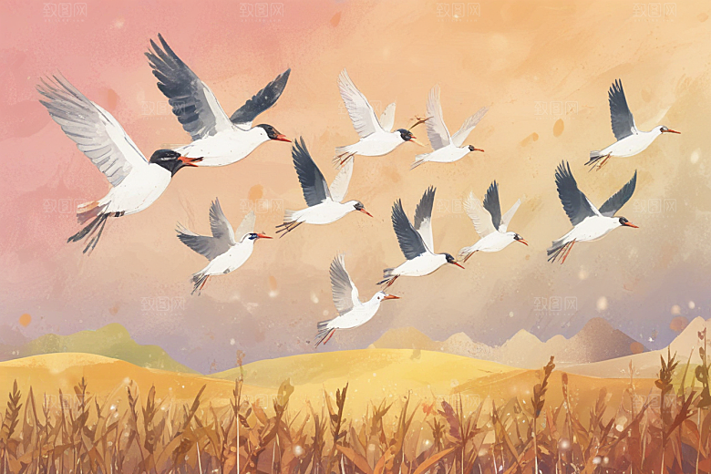 夕阳飞舞白鸟插画图片