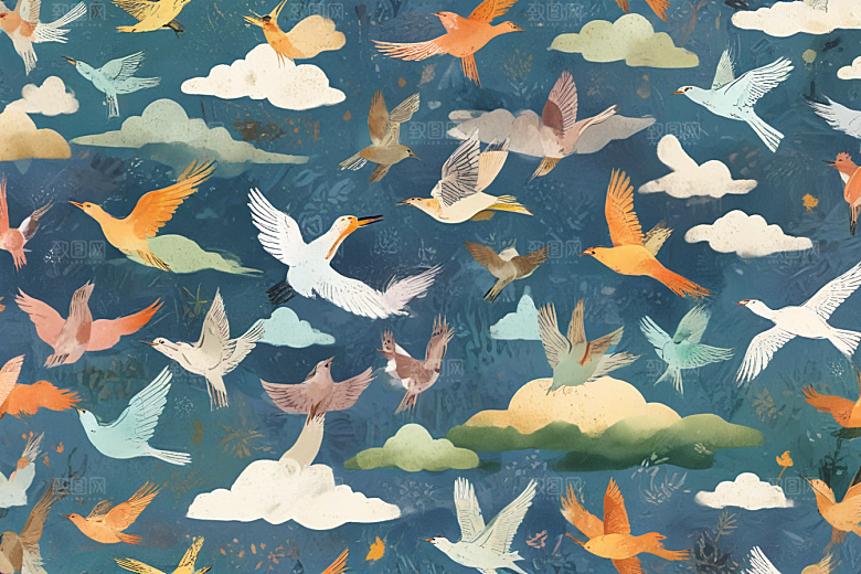 夕阳飞舞白鸟插画图片