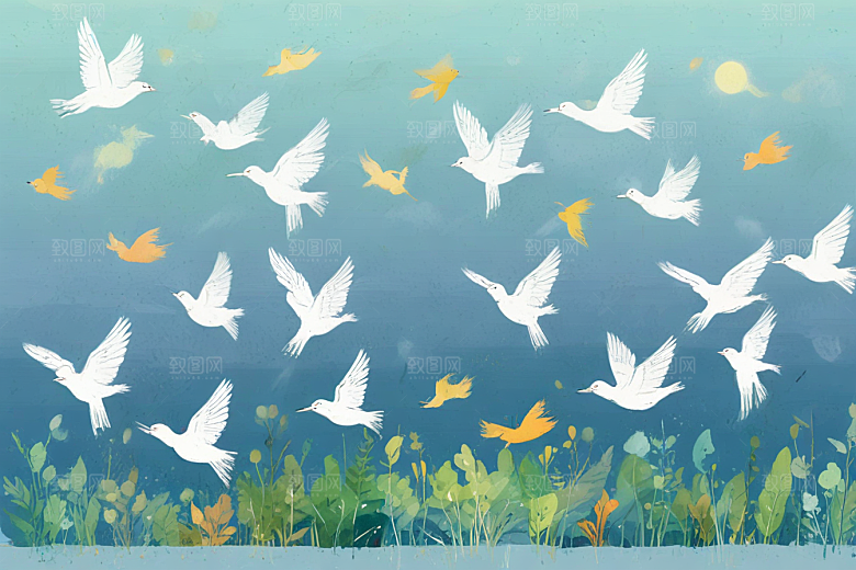 夕阳飞舞白鸟插画图片