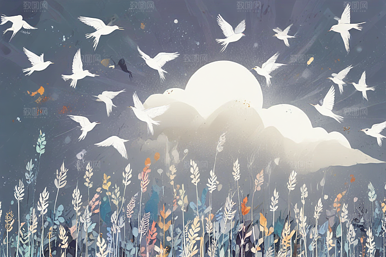 夕阳飞舞白鸟插画图片