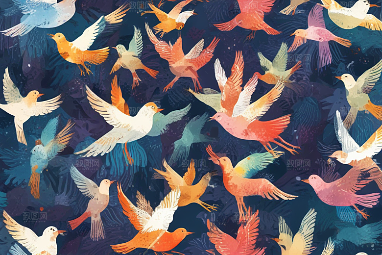 夕阳飞舞白鸟插画图片