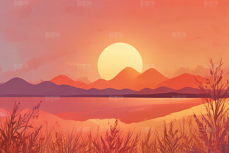 日落湖畔山景图片