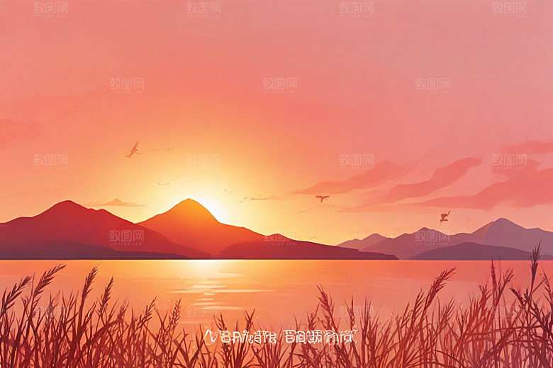 日落湖畔山景图片