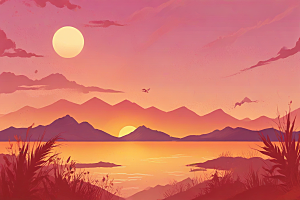 日落湖畔山景图片