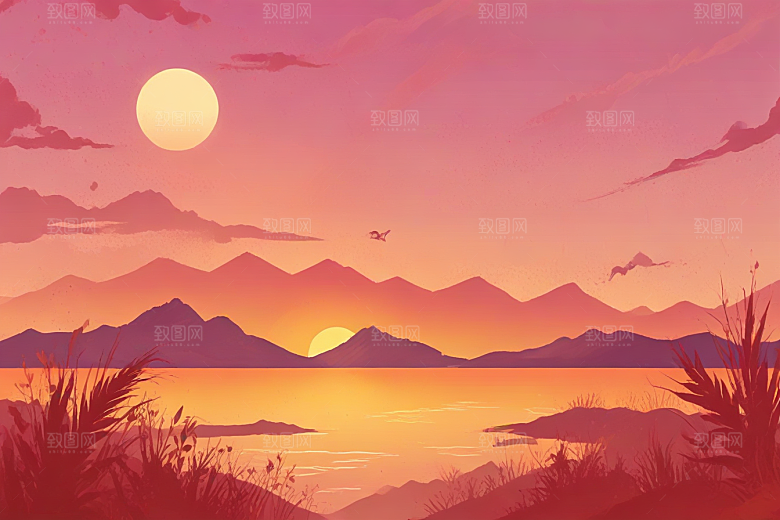 日落湖畔山景图片