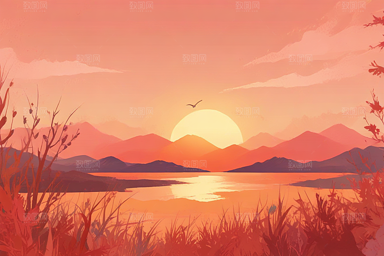 日落湖畔山景图片