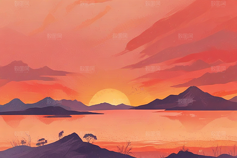 日落湖畔山景图片