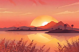 日落湖畔山景图片