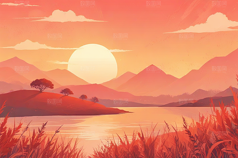 日落湖畔山景图片