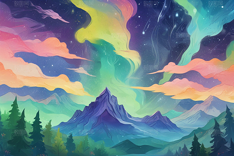 极光下山脉仙境图片
