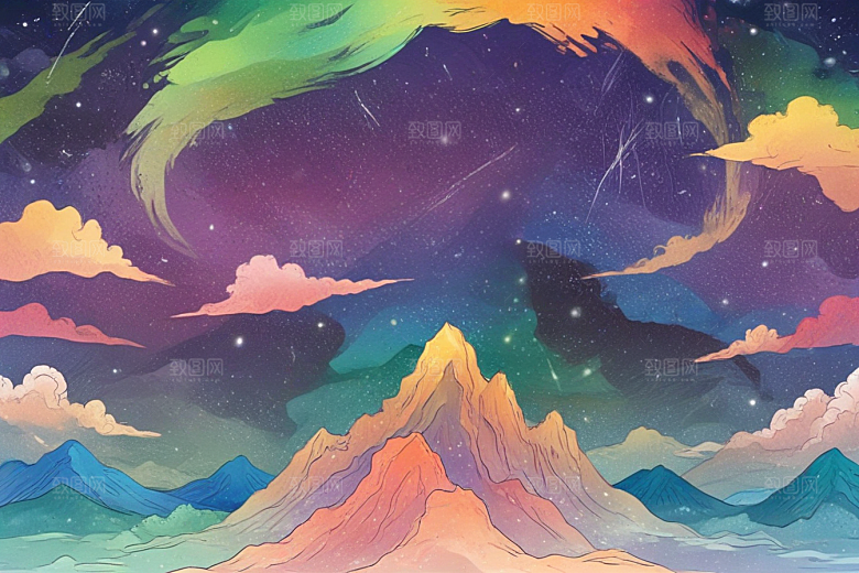 极光下山脉仙境图片