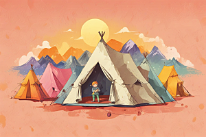 复古风格帐篷露营场景插画图片