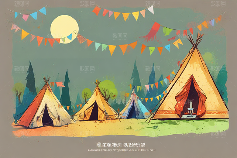 复古风格帐篷露营场景插画图片