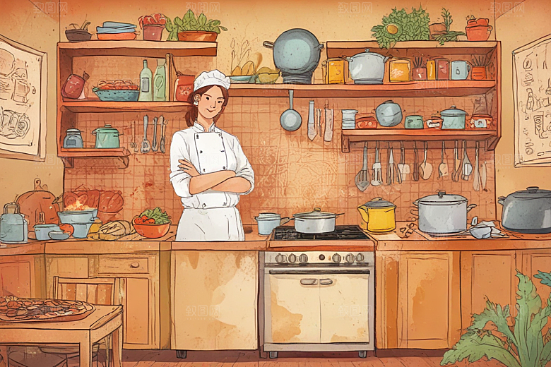 厨房女厨师专注烹饪图片
