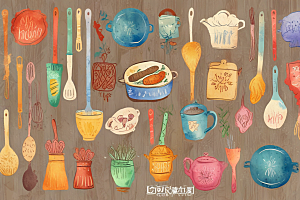 复古风格厨房工具水彩插画图片