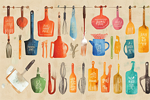 复古风格厨房工具水彩插画图片