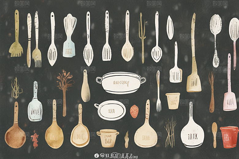 复古风格厨房工具水彩插画图片