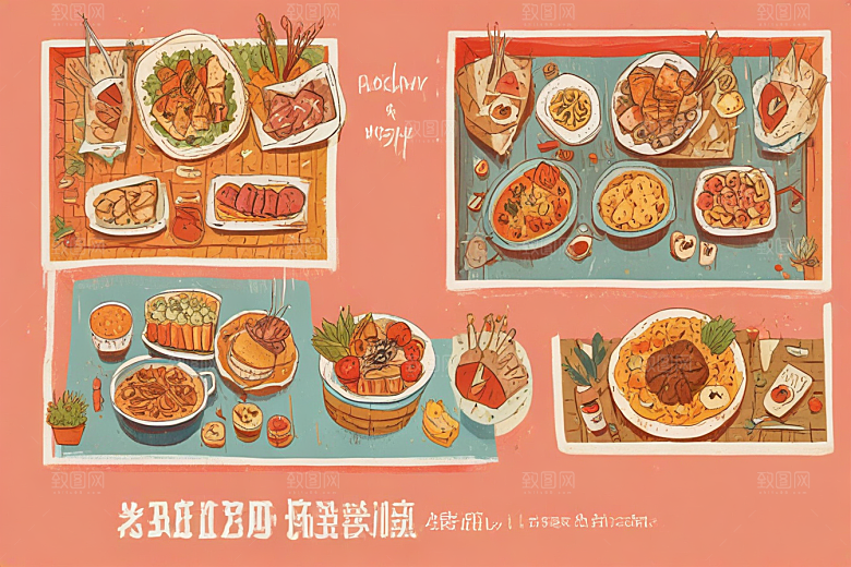 复古手绘美食世界插画图片
