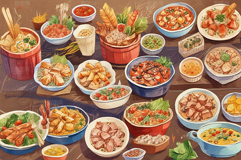 复古手绘美食世界插画图片