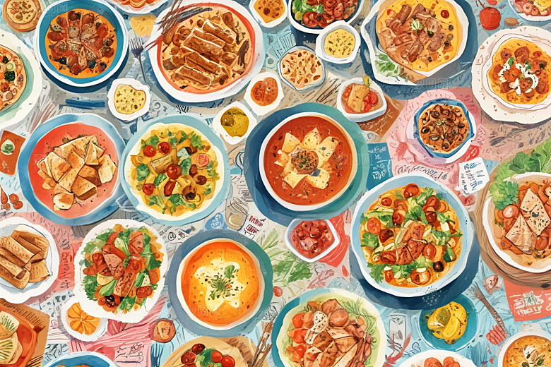 复古手绘美食世界插画图片
