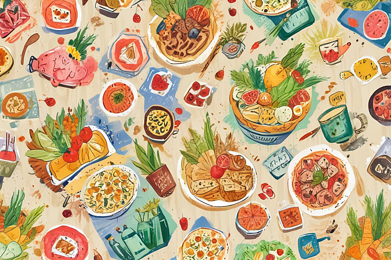 复古手绘美食世界插画图片