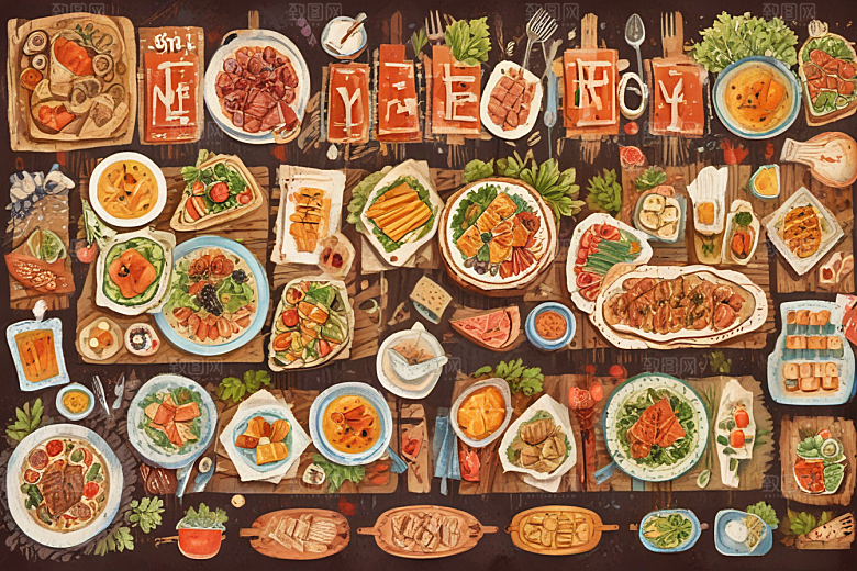 复古手绘美食世界插画图片