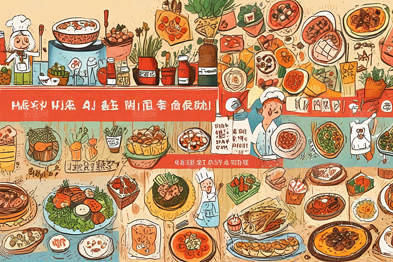 复古手绘美食世界插画图片