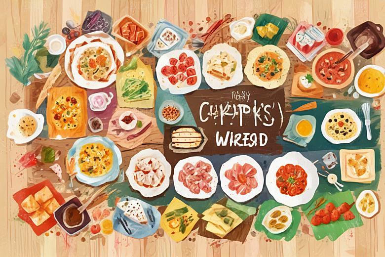 复古手绘美食世界插画图片
