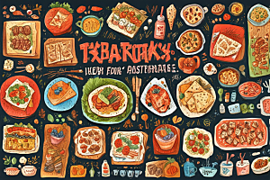 复古手绘美食世界插画图片