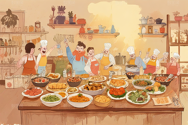 复古手绘美食世界插画图片