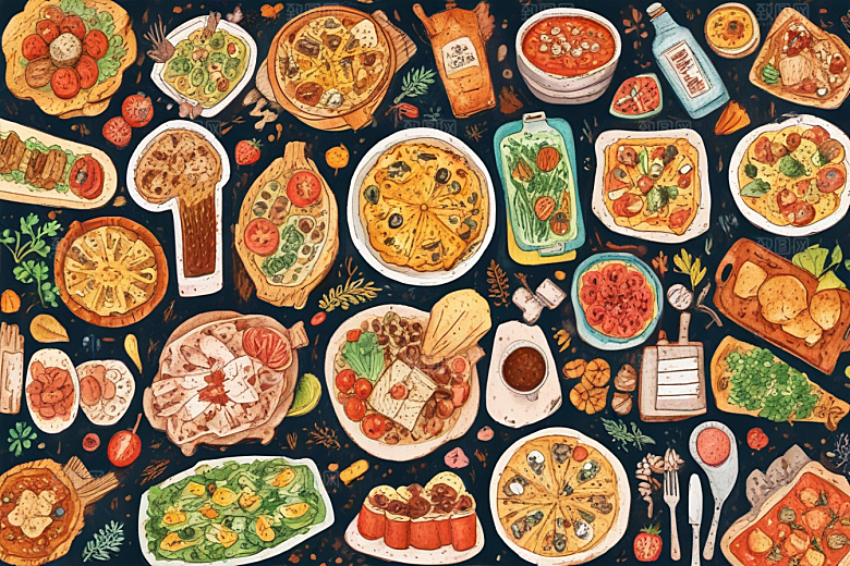 复古手绘美食世界插画图片
