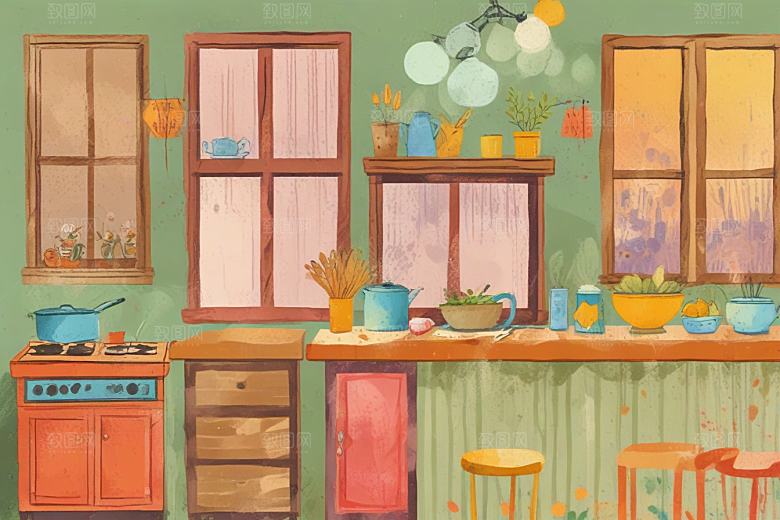温馨厨房插画欣赏图片