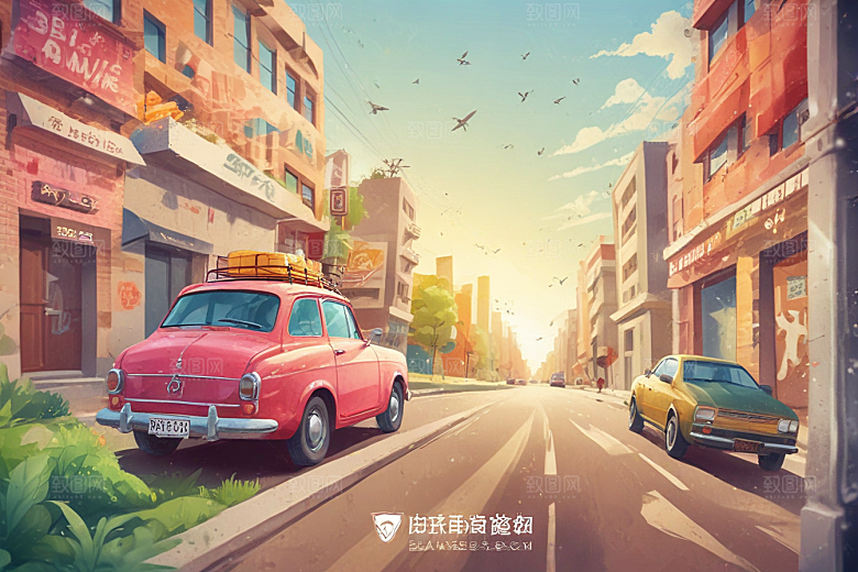 怀旧复古城市风光插画图片