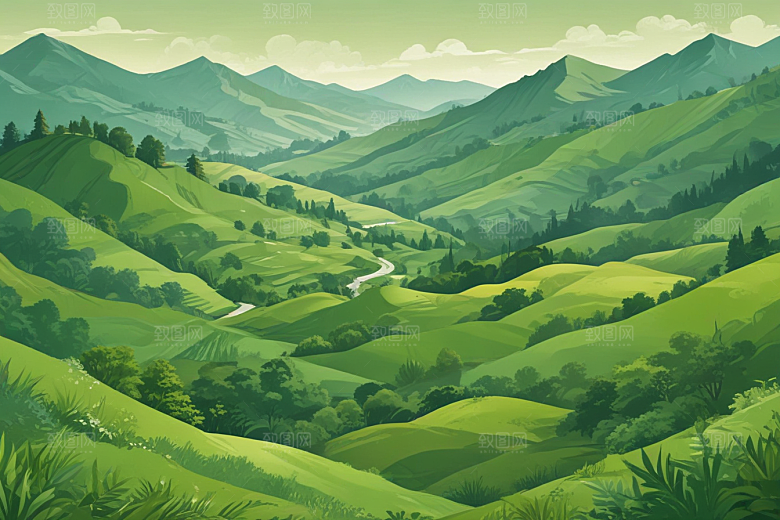 绿色山谷手绘风景图片