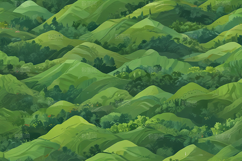 绿色山谷手绘风景图片
