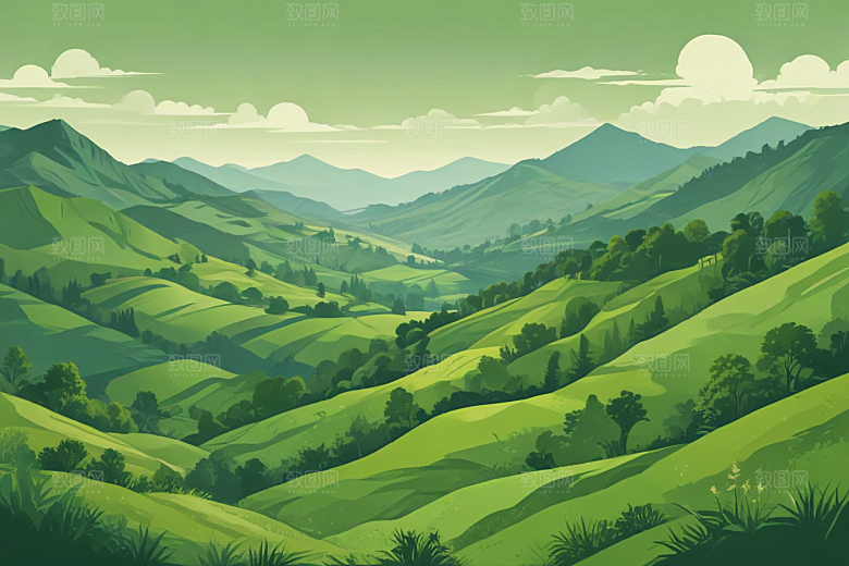 绿色山谷手绘风景图片