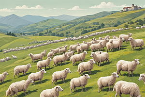 绵羊漫游山野插画图片