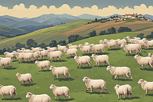 绵羊漫游山野插画图片